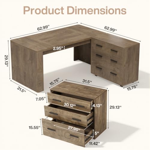 63" L-Shaped Executive Desk with File Cabinet, Brown, view 3