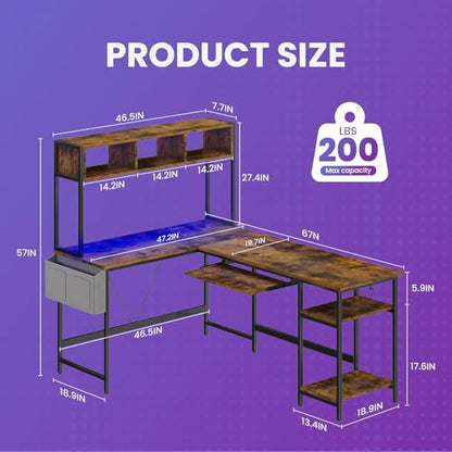 67" L Shaped Gaming Desk, Corner Desk for Compact Spaces with Keyboard Tray & Storage Shelf,Reversible Computer Desk with LED Lighting,Metal Frame PC Gaming Table for Home Office Bedroom,Rustic