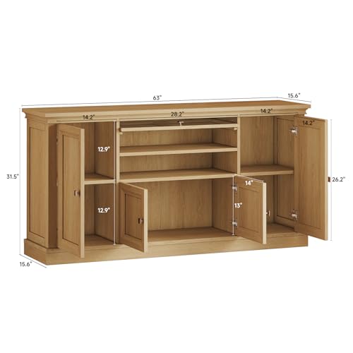 63" Large Farmhouse Sideboard Buffet Cabinet with Storage, Natural, view 3