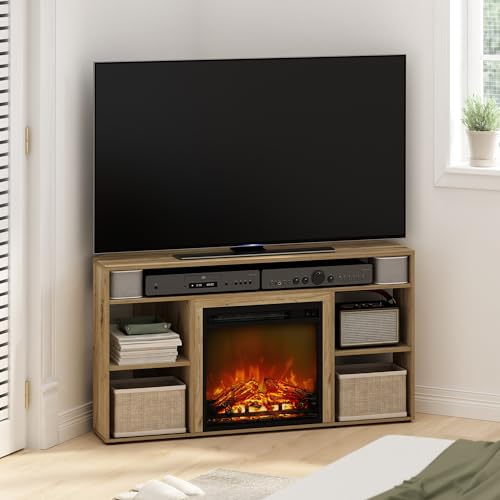 Jensen Fireplace TV Stand, Corner Entertainment Center, TV Console for TV up to 55 Inch with Fireplace, for Living Room, Bedroom, Flagstaff Oak