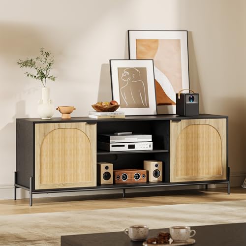 Rattan TV Stand for 75" TV with Storage, 65" Console Table with Metal Legs, view 4