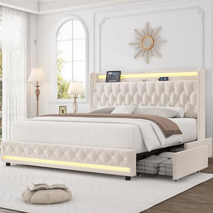 Upholstered Queen LED Bed Frame w/Storage & Charging Headboard, Beige, view 2