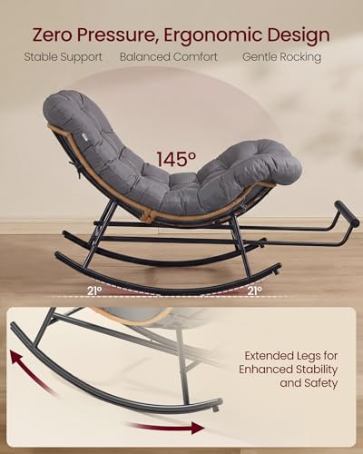 VASAGLE Papasan Chair, Outdoor Rocking Chair, Outdoor Furniture, Steel Frame, Extendable Footrest, Removable Cushion, Holds 300 lb, for Bedroom, Living Room, Patio, Garden, Gray ULYY062GZ01