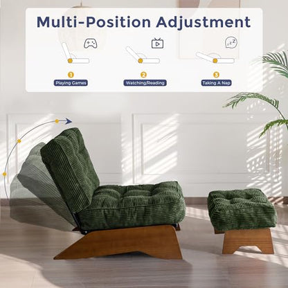 Accent Chair with Ottoman Adjustable Backrest, Tufted Living Room Chair Upholstered Lounge Chair with Footrest Set, Modern Chair Cozy Reclining Chair for Reading Room, Green