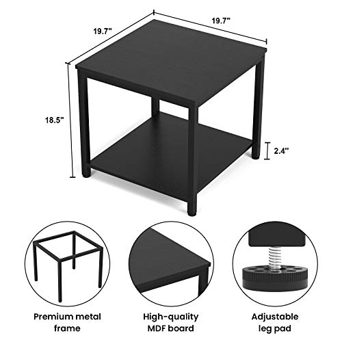 Side Table 20 Inch Square, 2-Tier Coffee Tea End Table Nightstands for Sofa Couch Bed, Metal Wood Accent Modern Simple Industrial Style Side Table for Living Room Bedroom, Black