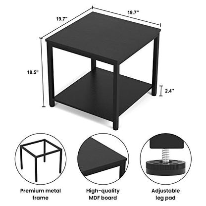 Side Table 20 Inch Square, 2-Tier Coffee Tea End Table Nightstands for Sofa Couch Bed, Metal Wood Accent Modern Simple Industrial Style Side Table for Living Room Bedroom, Black