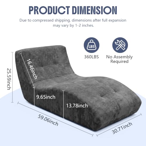Chaise Lounge Chair Indoor, Oversized Boneless Sofa Bed with Pillow, view 3