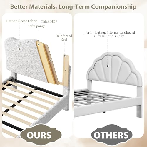 Upholstered Twin Size Bed Frame with Scallop Headboard, Cute Velvet Twin Bed for Girls or Boys, Sturdy Platform Bed with Wooden Slats, No Box Spring Needed, Grey