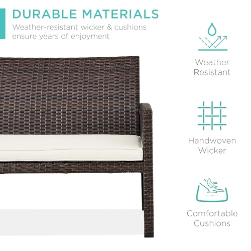 Best Choice Products 4-Piece Outdoor Wicker Patio Conversation Furniture Set for Backyard w/Coffee Table, Seat Cushions - Brown/White Sand