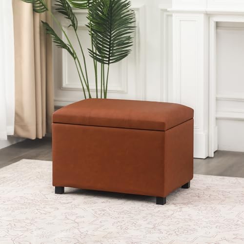 24-Inch Storage Ottoman Bench,Foot Stool Ottoman with Storage, Faux Leather Upholstered Foot Rest Seat with Safety Hinge,Wood Legs Stool for Living Room, Bedroom,Entryway, Cognac Brown