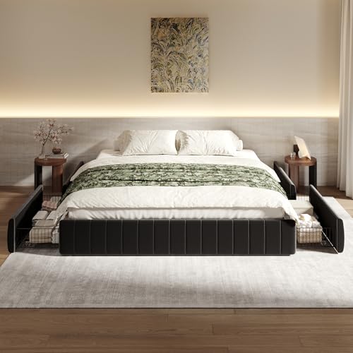 King Size Velvet Upholstered Platform Bed Frame with 4 Storage Drawers, view 2