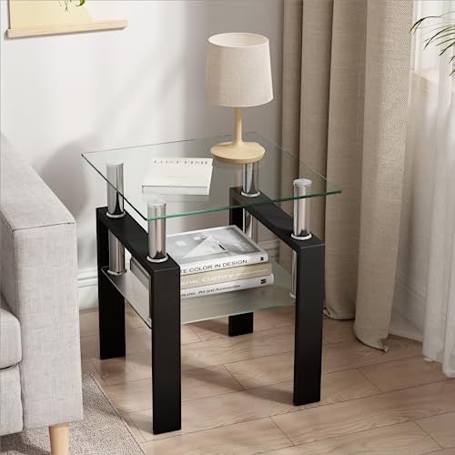 Glass Side Table 2-Tier Modern Glass Top Corner Table Living Room Square Side Table with Metal Leg for Living Room, Dining Room, Bedroom (1, Clear)