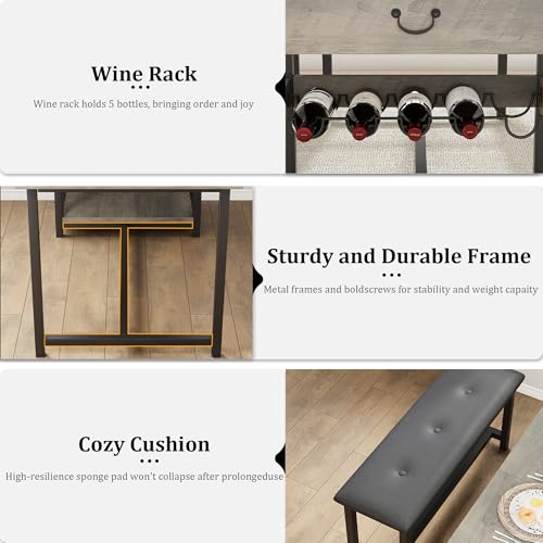 Dining Table Set for 4 with Storage Drawers & Wine Rack, Kitchen Table and Upholstered Benches for Small Spaces, Gray