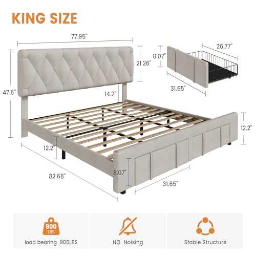 Upholstered King Size Bed Frame with Storage Drawers, Beige, view 3