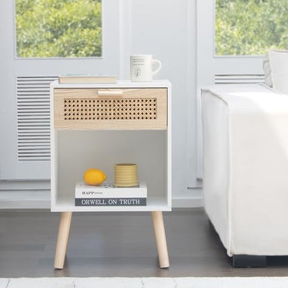 White Rattan Nightstand, Modern Nightstand with Rattan Drawer, Modern Wooden Bedside Table with Solid Wood Legs for Bedroom, and Small Spaces (White)