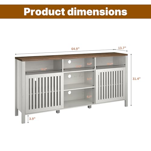 Farmhouse White TV Stand with Grille Doors, 5 Open Storage Compartments, view 3