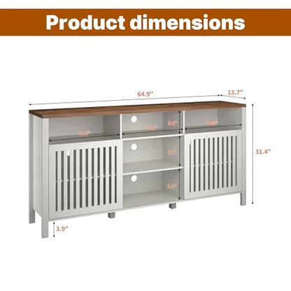 Farmhouse White TV Stand with Grille Doors, 5 Open Storage Compartments, view 3