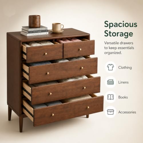 100% Solid Wood 5 Drawers Nightstand for Bedroom, Rubber Wood, view 5