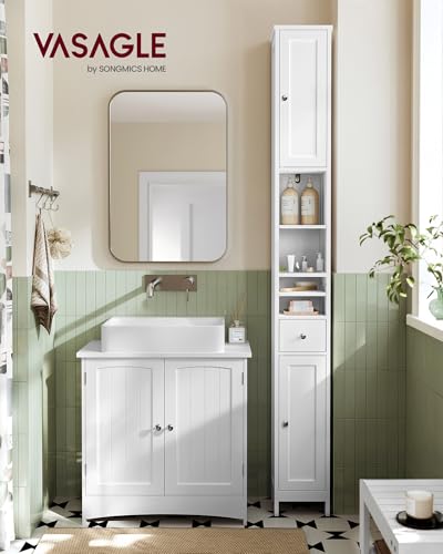 VASAGLE Tall Storage Cabinet, Slim Freestanding Floor Cabinet with Adjustable Shelves, Drawer, Open Compartments, for Small Spaces, Bathroom, Living Room, Modern, Cloud White UBBC765W01