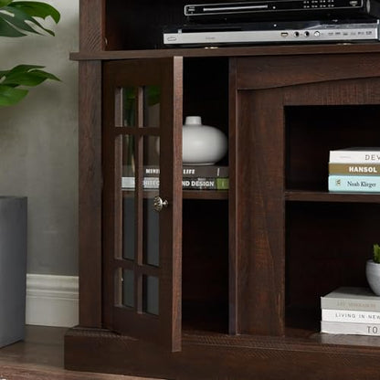 Traditional American Country Style TV Stand with Glass Door, 58"W Large Entertainment Center with Open Shelves, Home Entertainment Console Table for TV Up to 65'', Rack for Living Room (Espresso & 2)