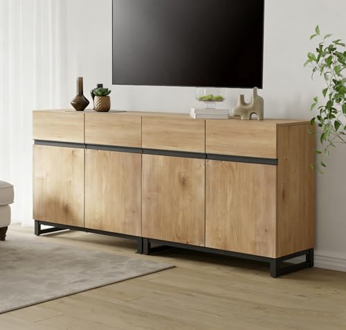 Modern TV Stand for TVs Up to 70 Inch, 2-in-1 Entertainment Center with Adjustable Shelves & Metal Base, Media Console for Living Room or Bedroom, Oak