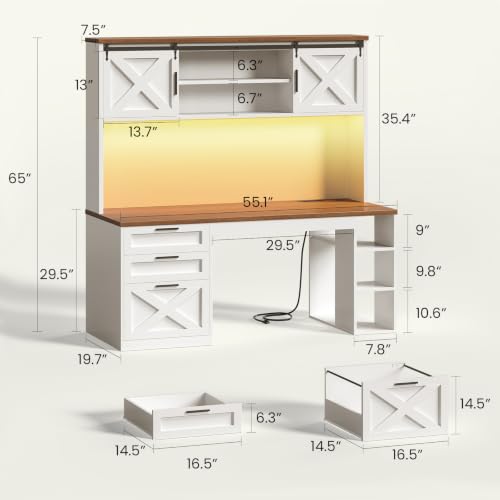 55.1" Farmhouse Desk with Hutch & 3 Storage Drawers, view 3