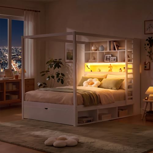 Full Size Wooden Canopy Bed Frame with Bookcase Headboard,USB Outlets, view 5