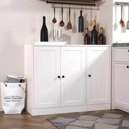 Buffet Cabinet with 3 Door, Kitchen Storage Sideboard with Adjustable Shelf, Rustic Buffet Sideboard Cabinet, Coffee Bar Accent Cabinets for Living Room, Entryway, White