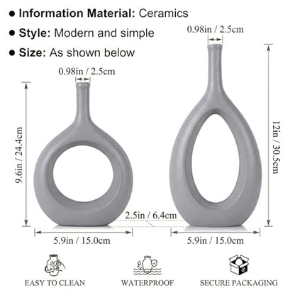 Gray Ceramic Hollow Elliptical Vase Set of 2 - Boho Circle Vase with Hole, for Modern Grey Table Decor, Living Room Decor Shelf mid Century Modern Home Entrance Decorative vase