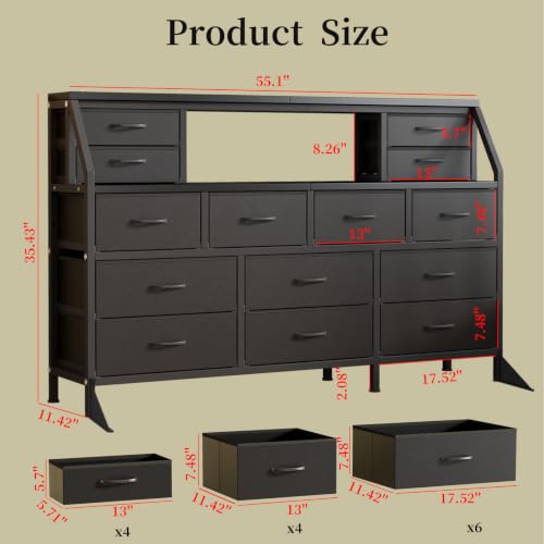 55" W Dresser for Bedroom with 14 Drawers, Chest of Drawers with Open Shelf, view 7