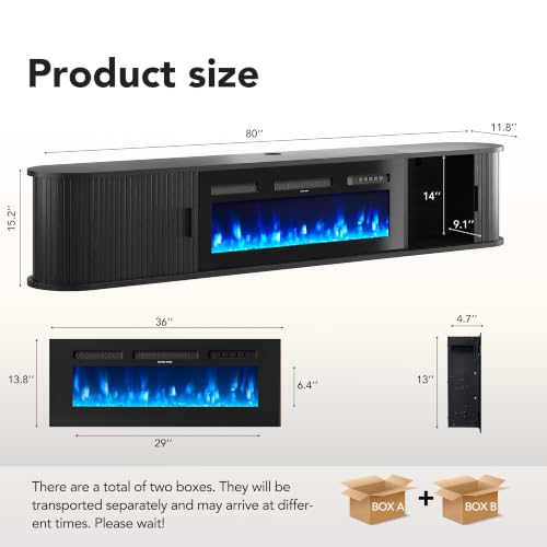 80" Floating TV Stand with Electric Fireplace, Wall Mounted Fireplace TV Stand, view 3