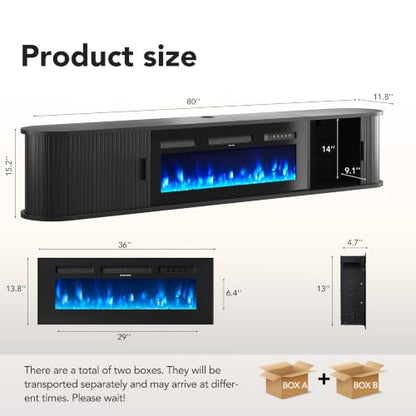 80" Floating TV Stand with Electric Fireplace, Wall Mounted Fireplace TV Stand, view 3