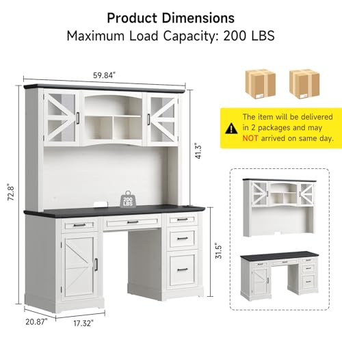 72" H Farmhouse Executive Desk with Hutch, Office Desk, Computer Desks with Charging Station, Computer Workstations with 5 Drawers and Storage Cabinet for Home, Office, Off White & Black