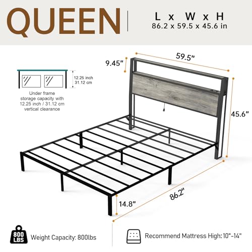 Queen Size Bed Frame with 2-Tier Storage Headboard, Rustic Grey, view 3