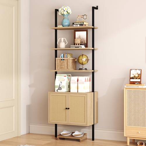 73" Tall Bookshelf with Cabinet, Industrial Ladder Wall Mount Shelf Rattan Bookcase with Wood and Metal Frame, Plant Shelf Wall Storage Display for Living Room Bedroom,Light Ivory Brown