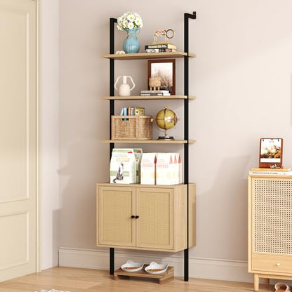73" Tall Bookshelf with Cabinet, Industrial Ladder Wall Mount Shelf Rattan Bookcase with Wood and Metal Frame, Plant Shelf Wall Storage Display for Living Room Bedroom,Light Ivory Brown