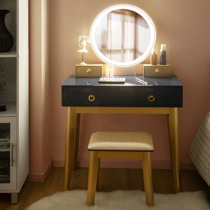 Vanity Desk with Lighted Mirror, Black Makeup Vanity Table with 4 Storage Drawers, 3 Lighting Modes, Solid Wood Legs, Modern Dressing Table with Vanity Stool for Small Bedroom