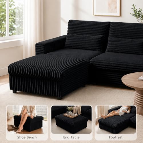 35.3" Corduroy Ottoman with Storage Oversized Ottoman for Modular Sectional Couches Foot Rest Stool with Hidden Compartment for Living Room, Apartment (Black, 35.3")