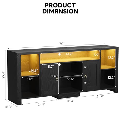 TV Stand for TVs 80 inch with LED Lights & Power Outlet, Entertainment Center with Cabinets, Adjustable Shelves and Open Shelves, Modern Media TV Console Living Room, Black