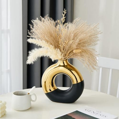 Ceramic Donut Vase, 8" L x 8" H Black and Gold Round Vase for Pampas Grass, Nordic Modern Vases for Decor, Ceramic Vase Centerpieces for Wedding, Bedroom, Living Room, Coffee Table, Office