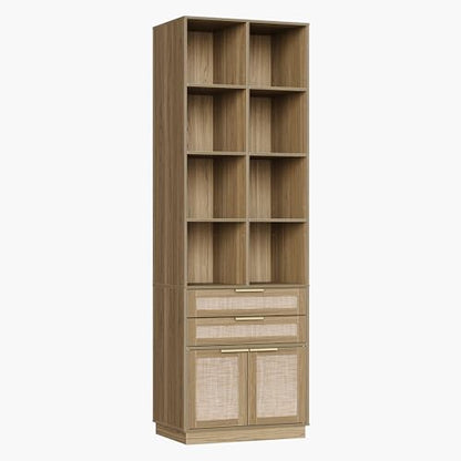 73'' Rattan Bookshelf with Doors and 2 Drawers, Natural Oak | Wood Bookcase with 2 Drawers and Doors, 8 Open Cubes, Adjustable Shelves, Durable Build, Modern Rattan Style