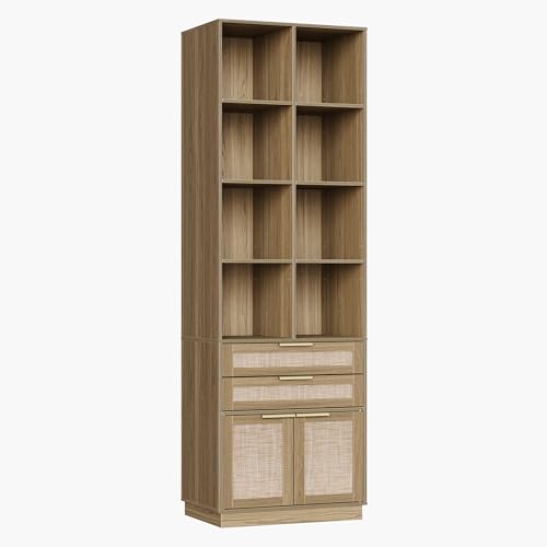 73'' Rattan Bookshelf with Doors and 2 Drawers, Natural Oak | Wood Bookcase with 2 Drawers and Doors, 8 Open Cubes, Adjustable Shelves, Durable Build, Modern Rattan Style