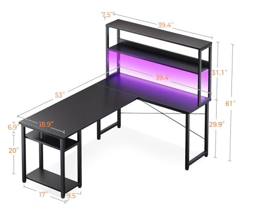 53 Inch L Shaped Gaming Desk with Hutch & Headphone Hook, view 4