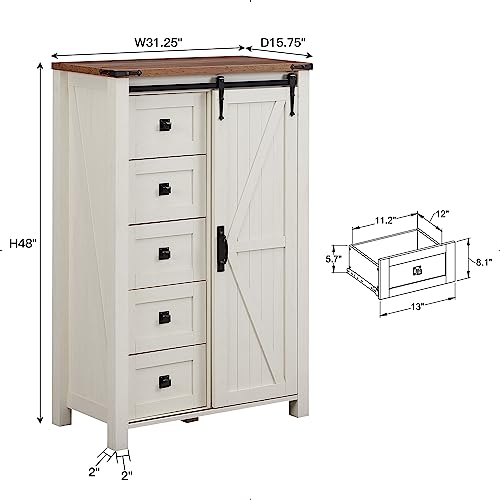 5 Drawers Dresser for Bedroom w/Sliding Barn Door, Farmhouse Modern Tall Dresser 5 Chest of Drawers, Storage Organizer for Bedroom, Hallway, Living Room, Kids Room, Antique White