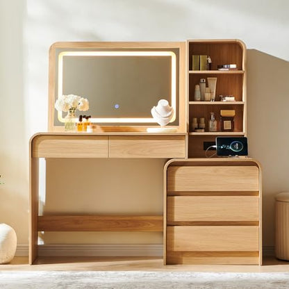 50” Modern Vanity Desk with Mirror and Lights with Charging Station Natural, view 7