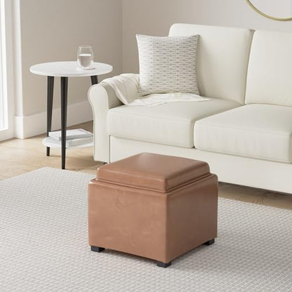 CHITA Storage Ottoman Cube with Tray Lid, Small Footstool with Storage, Square End Table for Living Room and Bedroom, Faux Leather in Saddle Brown