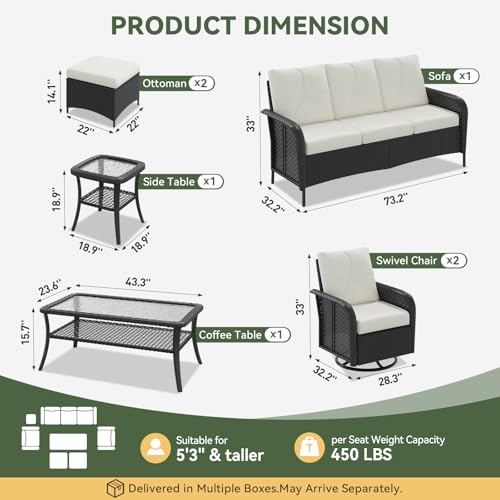 7-Piece Patio Furniture Set with Thick Cushions, Wicker Rattan Outdoor Sectional Sofa with High Back Swivel Rocker Chairs, Outdoor Patio Furniture Set with Coffee Table & Ottoman, Beige