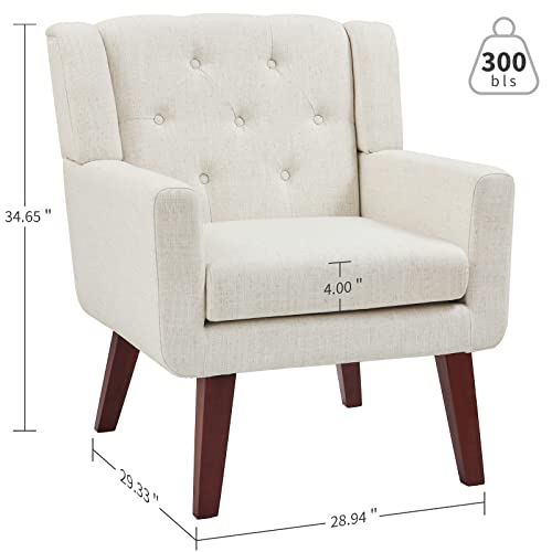Accent Chair Button-Tufted Upholstered Living Room Chairs Comfy Reading Mid Century Modern with Linen Fabric Lounge Arm for Bedroom (Beige) 29.33D x 28.94W x 34.65H Inch
