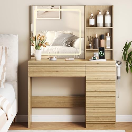 Vanity Desk with Lights, Fluted Vanity with 4 Drawers, Open Shelves, view 7