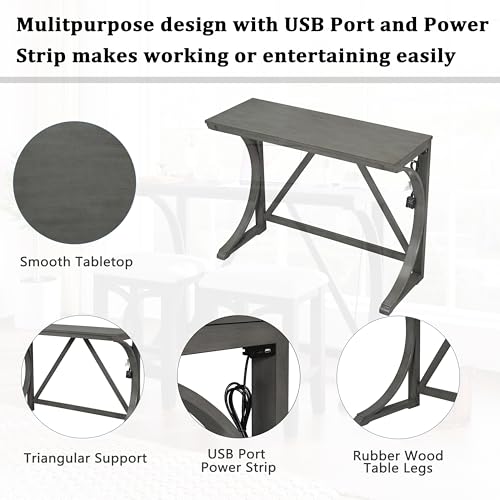 RuiSiSi 3 Piece Counter Height Dining Set, Farmhouse Kitchen Table Set with USB Port and 2 Upholstered Stools, Breakfast Nook Set for Kitchen, Dining Room, Living Room, Grey